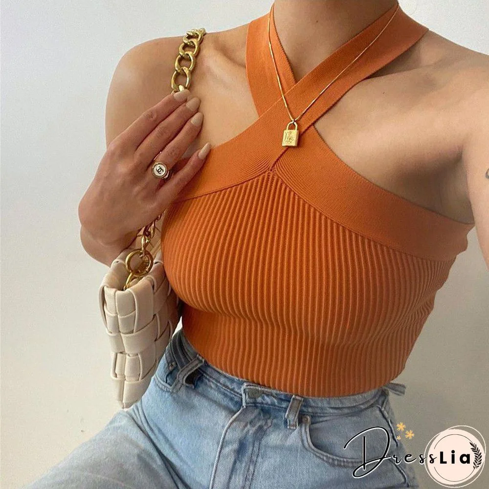 Crinkle Wide Ribbed Rib Criss Cross Halter Crop Top