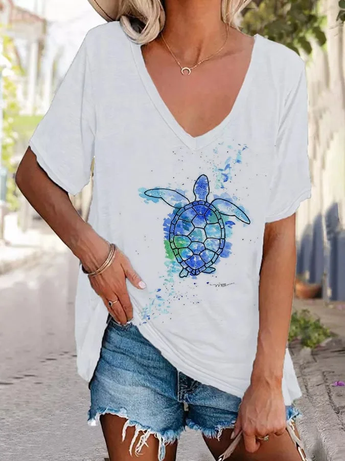 Turtle Print Casual Short Sleeve T-Shirt-mysite