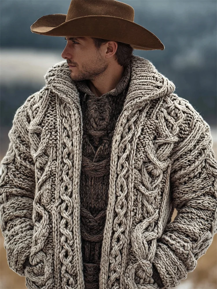 Men's Vintage Celtic Chunky Cozy Knit Hooded Cardigan