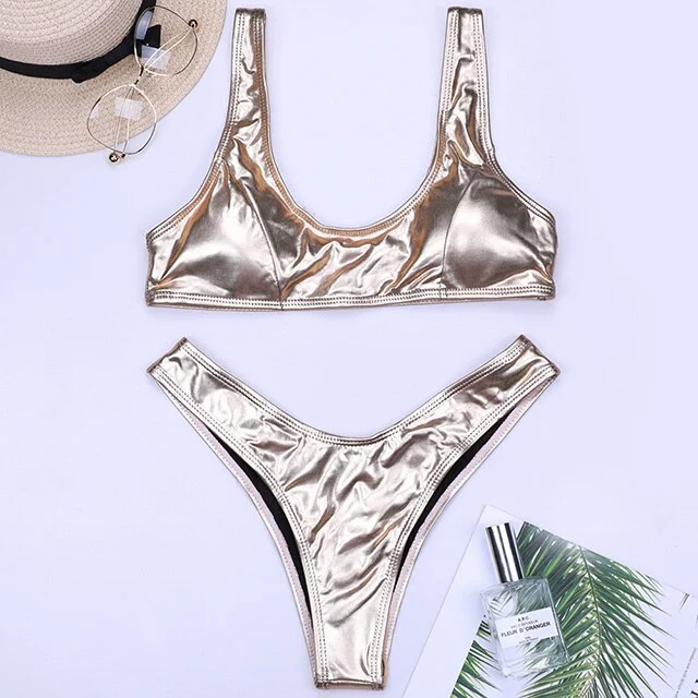 Sexy Shiny Pu Leather Bikini 2021 Bikinis Bling Swimsuit Women Thong Swimwear one piece Monokini Femme Push Up Bathing Suit Swim