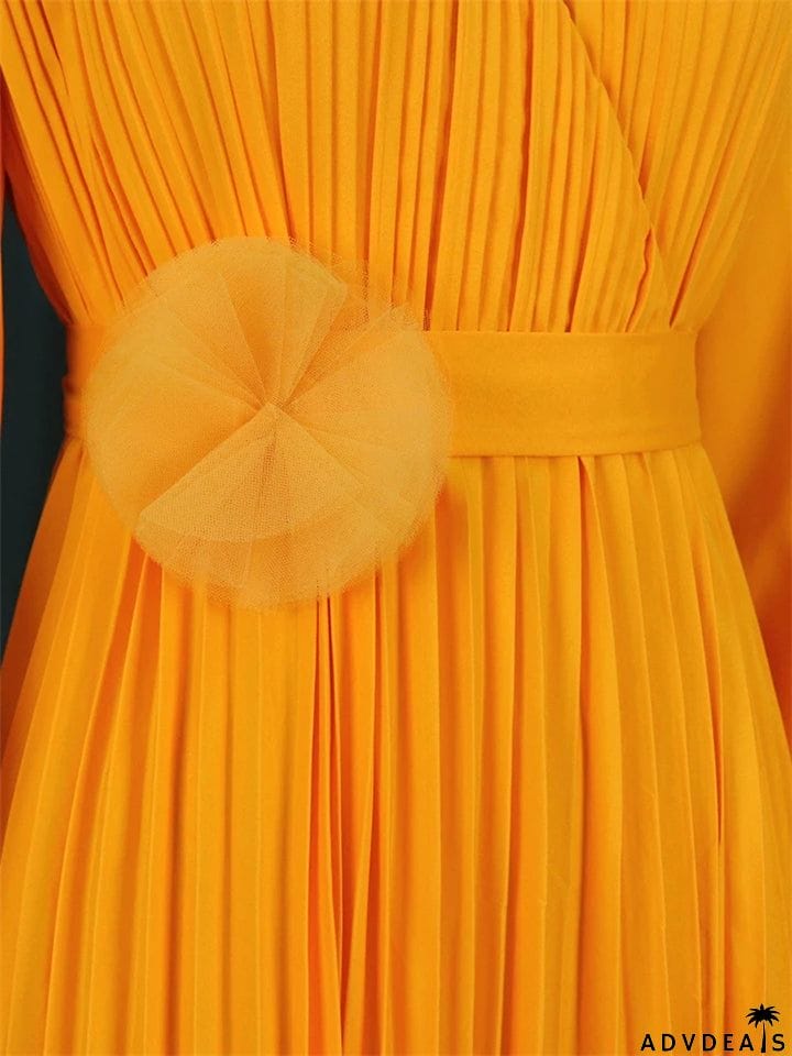 V-Neck Long Sleeve Slim Pleated A Line Long Dresses