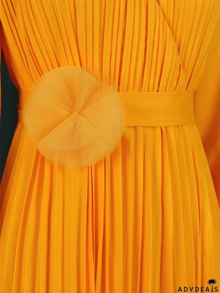 V-Neck Long Sleeve Slim Pleated A Line Long Dresses