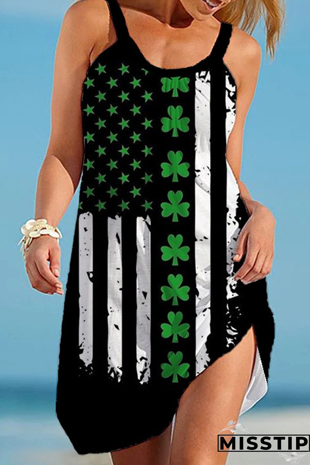 Green Orange Casual Print Basic O Neck Sleeveless Dress Dresses