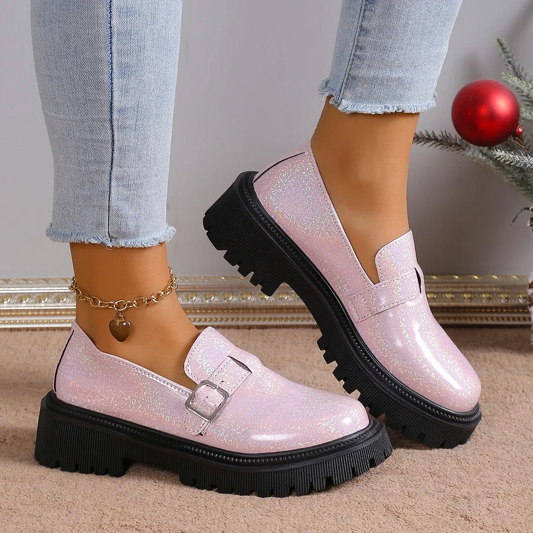 Zhungei Spring Fashion Laser Loafers for Women Platform Metal Buckle Flat Shoes Woman Round Toe Slip On Casual Shoes Zapatas Mujer