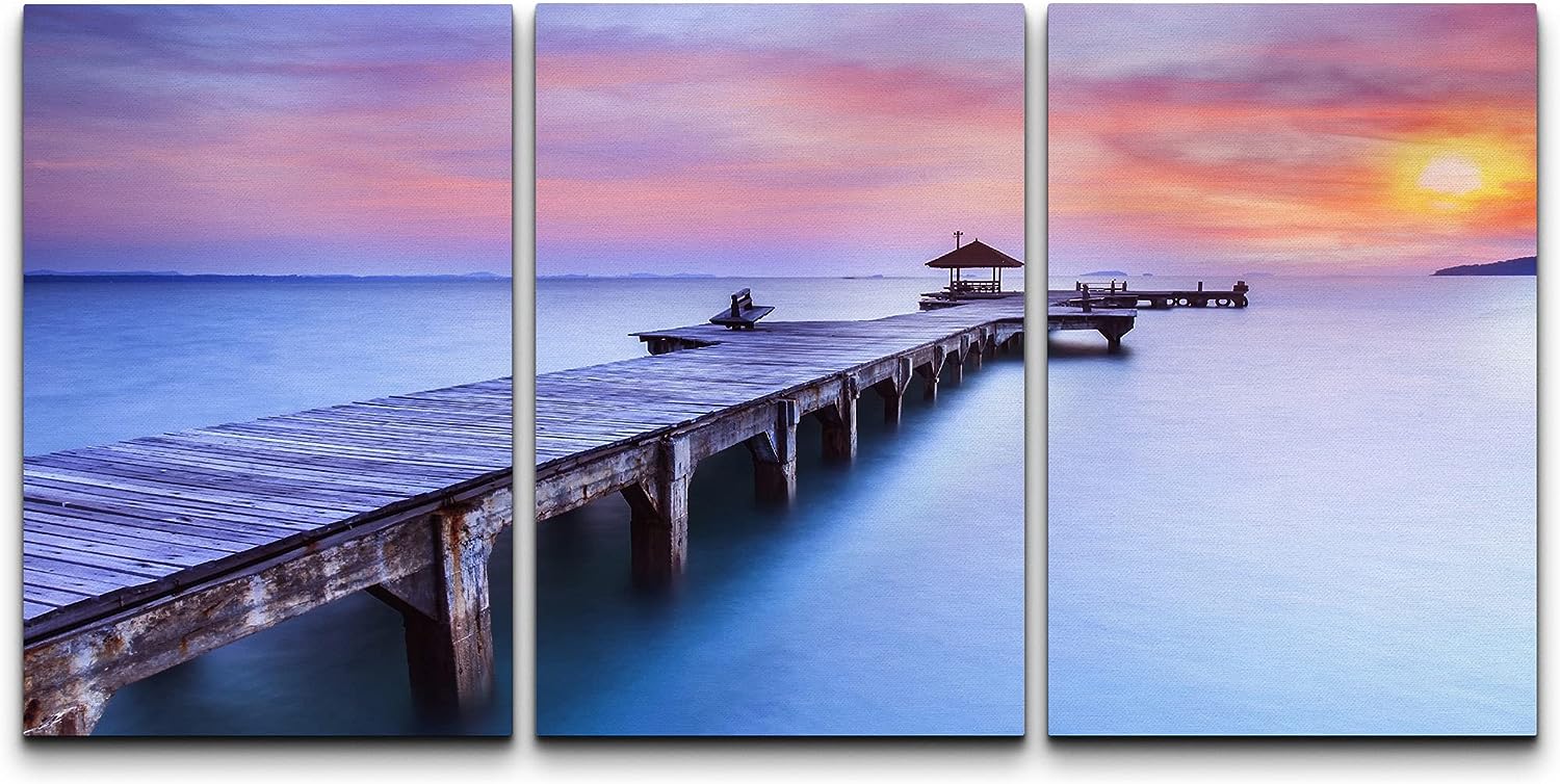 wall26 Canvas Print Wall Art Set Sunset Beach Pier on Purple Ocean Nature Wilderness Photography Realism Rustic Scenic Relax/Calm Nautical Ocean for Living Room, Bedroom, Office - 24 inch x36 inch x3 Panels 36&#034; x 24&#034; x 3 Panels