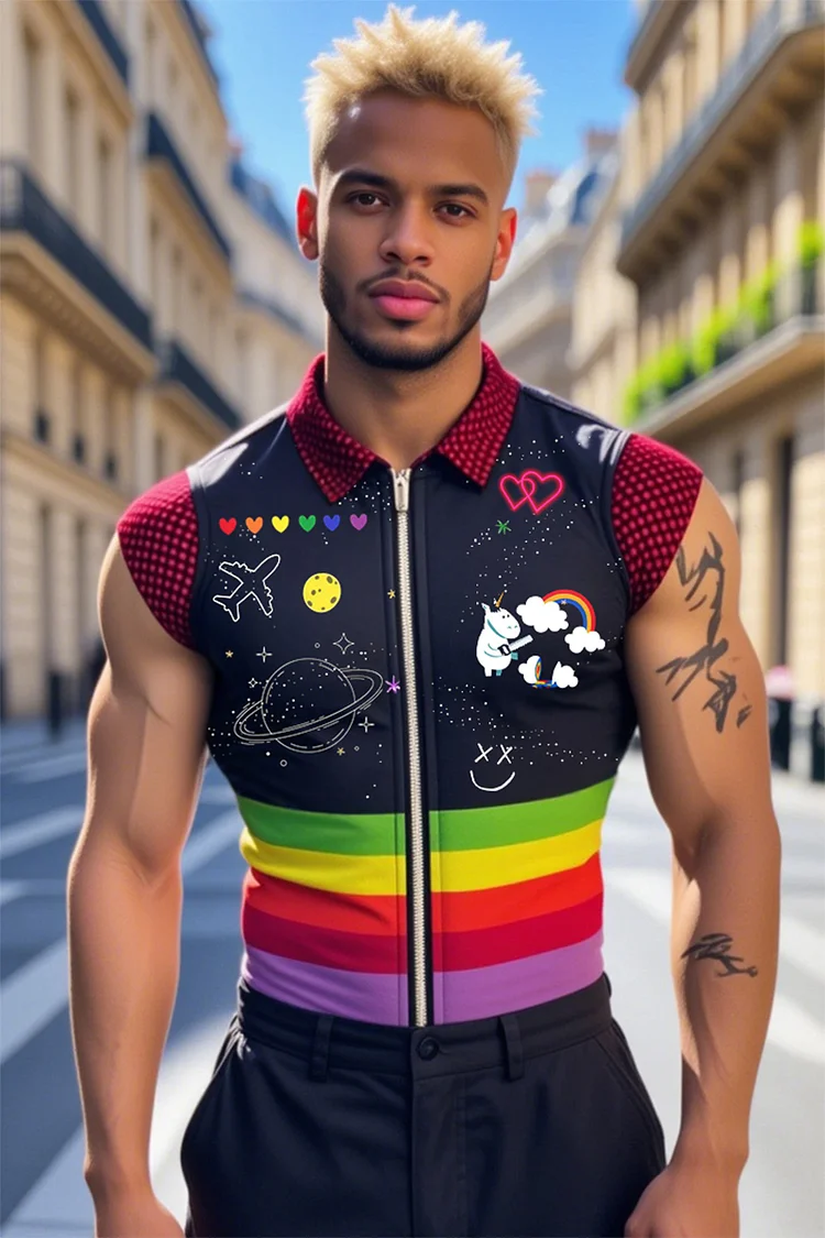 Men's Chaos Doodle Rainbow Stripe Print Patchwork Pride Zipper Top [Pre-Order]