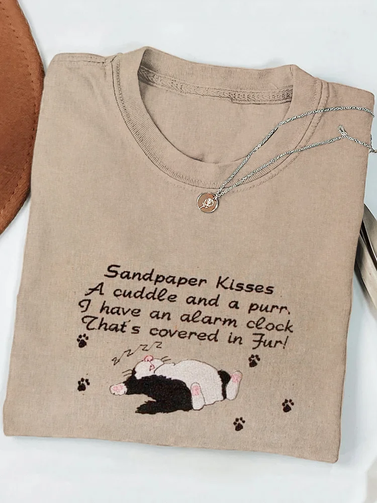 Sleeping Cat Embroidered Text Print T-Shirt