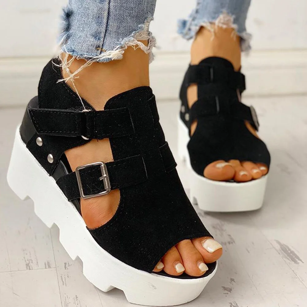 2021 Summer Sandals Women Wedges Black White Casual Designer Shoes Footwear Buckle Strap Open Toe Platform Sandel Women Shoes