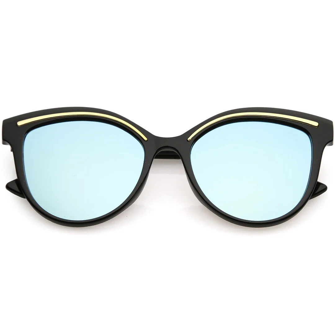 Modern Cat Eye glasses Metal Brow Detail Round Colored Mirror Flat Lens 53mm