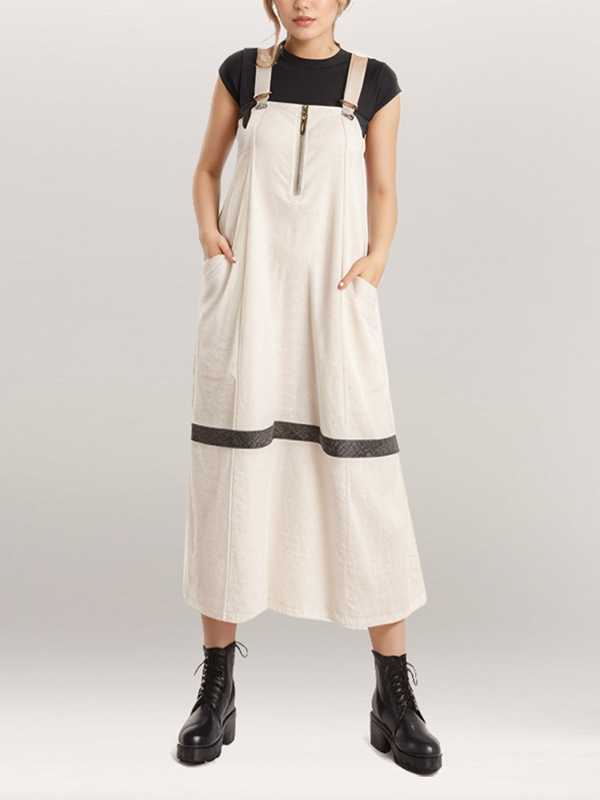 Adjustable Strap Half Zipper Sleeveless Large Pocket Midi Dress