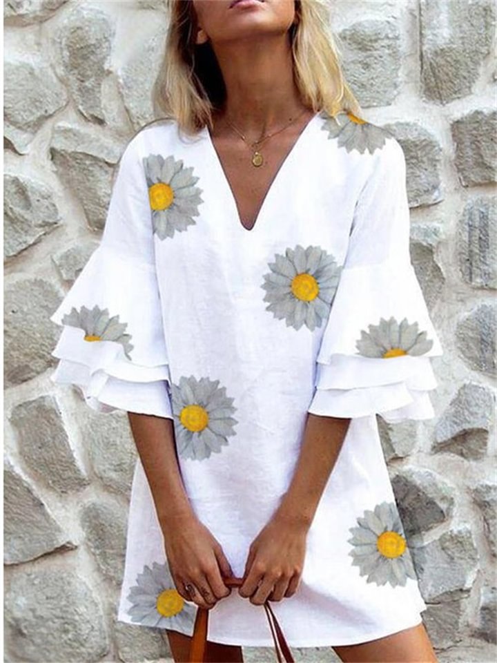 Casual Pullover Loose Long Sleeve Printed Middle Skirt Women's Dress