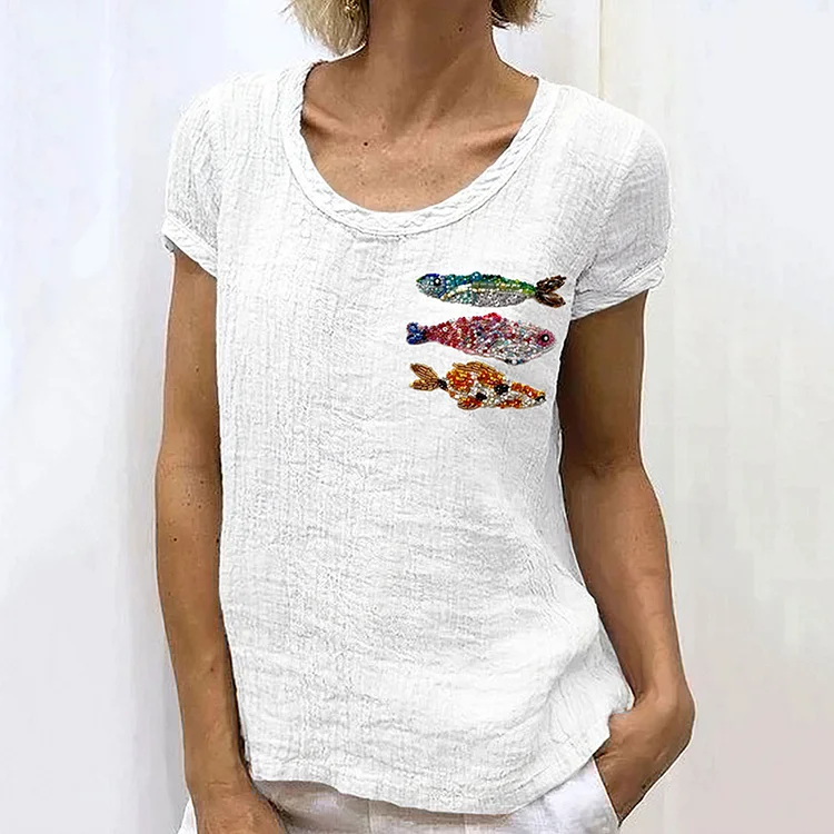 Ocean Fish Embroidery Art Cotton And Linen T-Shirt