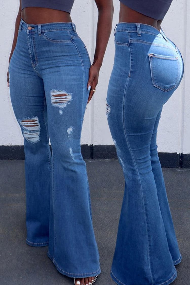 Plus Size Blue Casual Ripped High Waist Mom Jeans