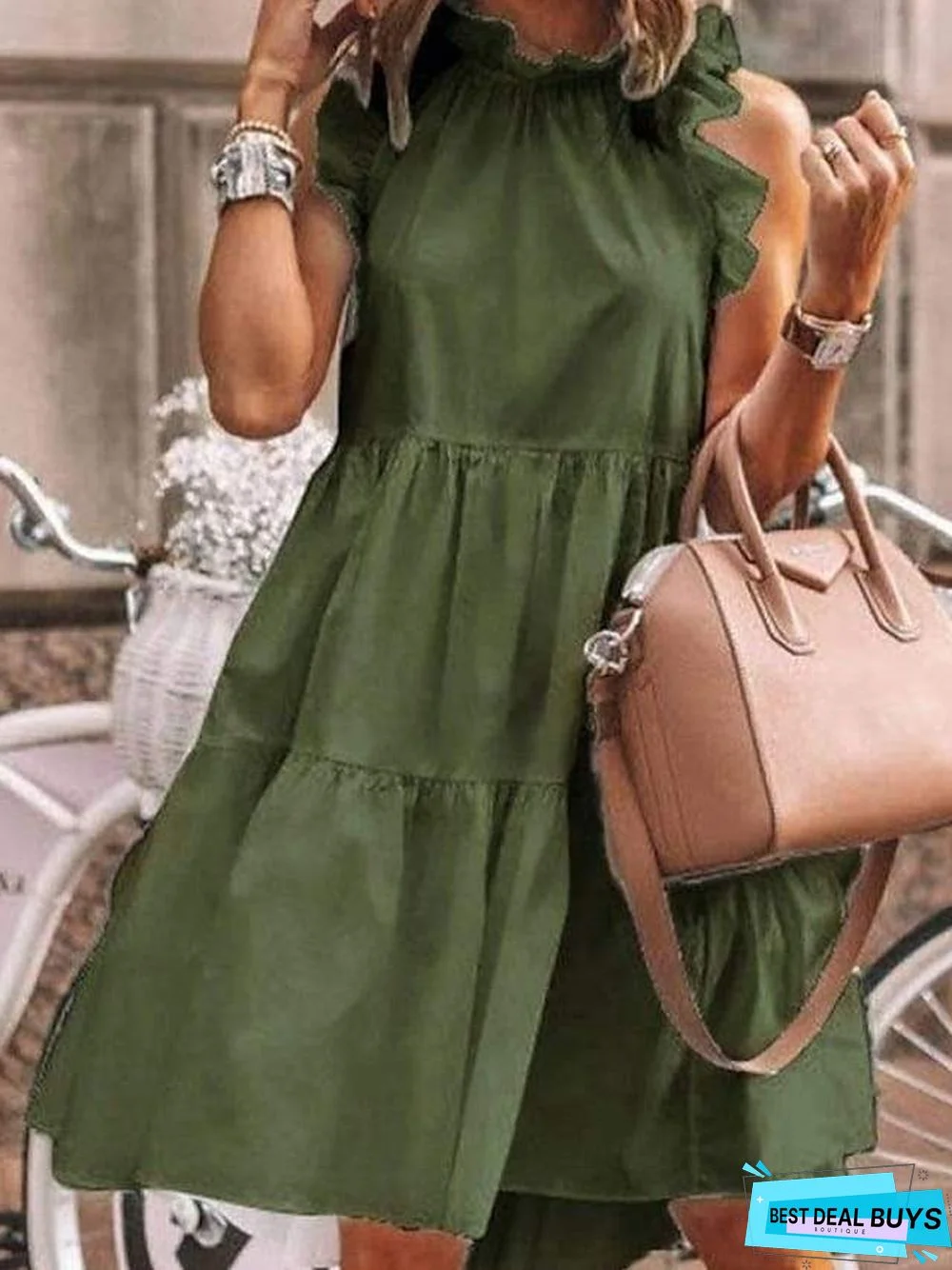 Women's A Line Dress Knee Length Dress White Black Green Dusty Blue Gray Sleeveless Solid Color Ruched Ruffle Patchwork Spring Summer Round Neck Elegant Casual White Dresses