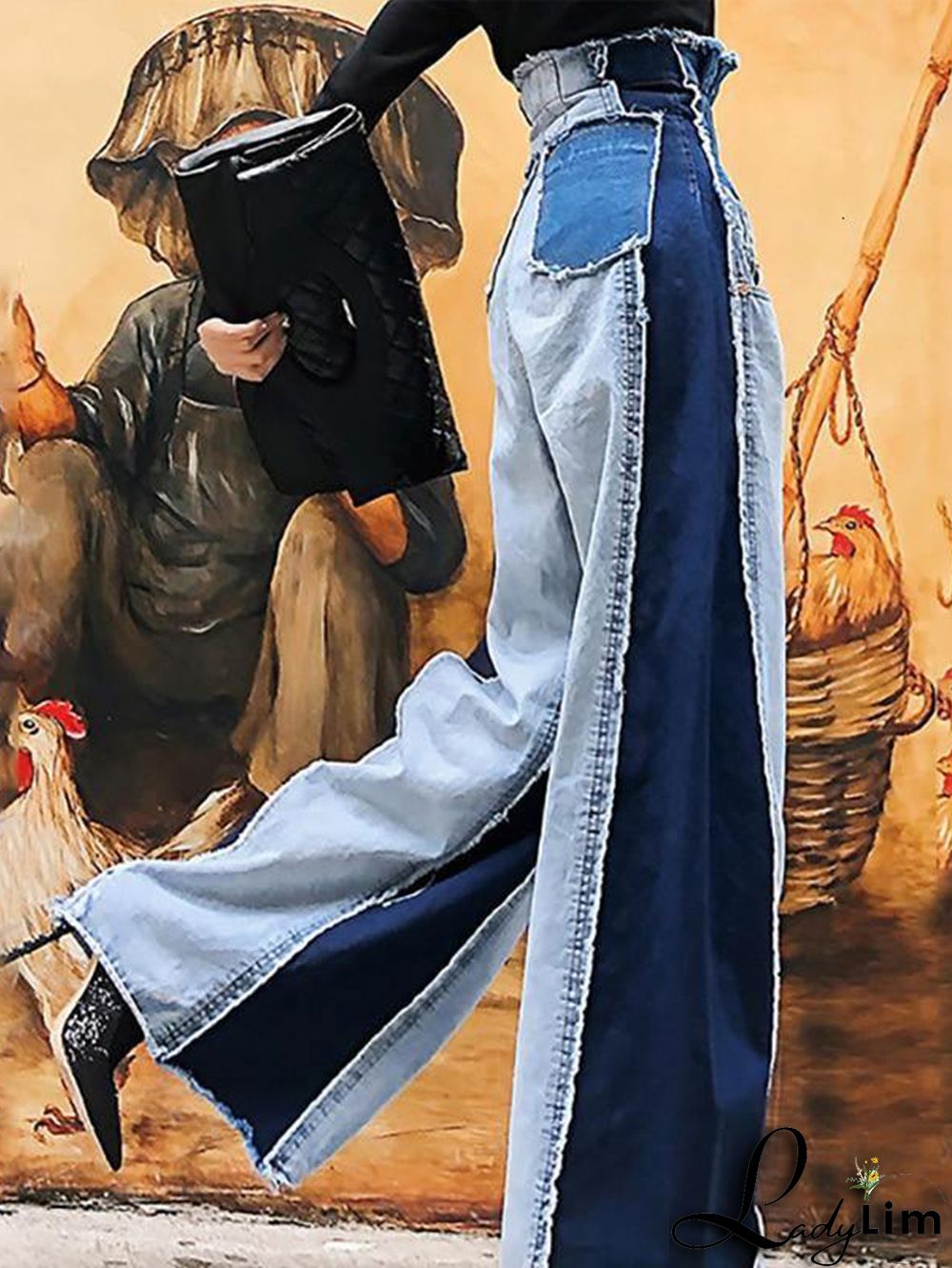 Casual Colorblock Patchwork Raw Trim Wide Leg Denim Jeans