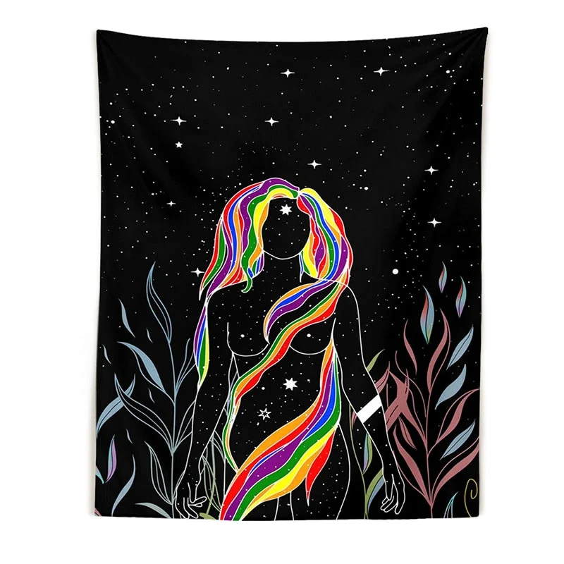 Moon woman Tapestry Wall Hanging Psychedelic Art Tapestries Simple Line Wall Cloth Psychedelic Women Yoga Carpet Boho Decor