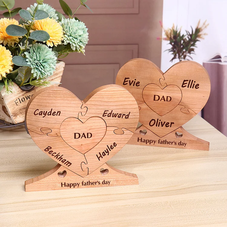 Personalized Heart Pattern Wooden Puzzle Engraved 6 Names and 1 Text, Family Gift, Gift for Dad