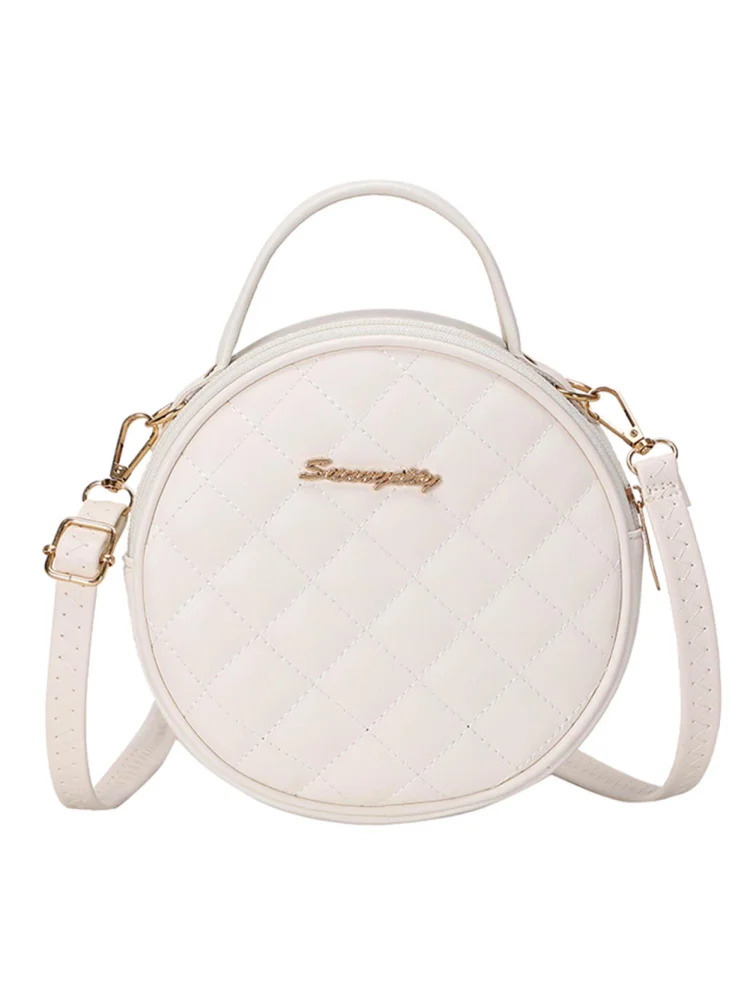 Retro Women Lattice Pattern PU Shoulder Bag Solid Color Round Purse (White)