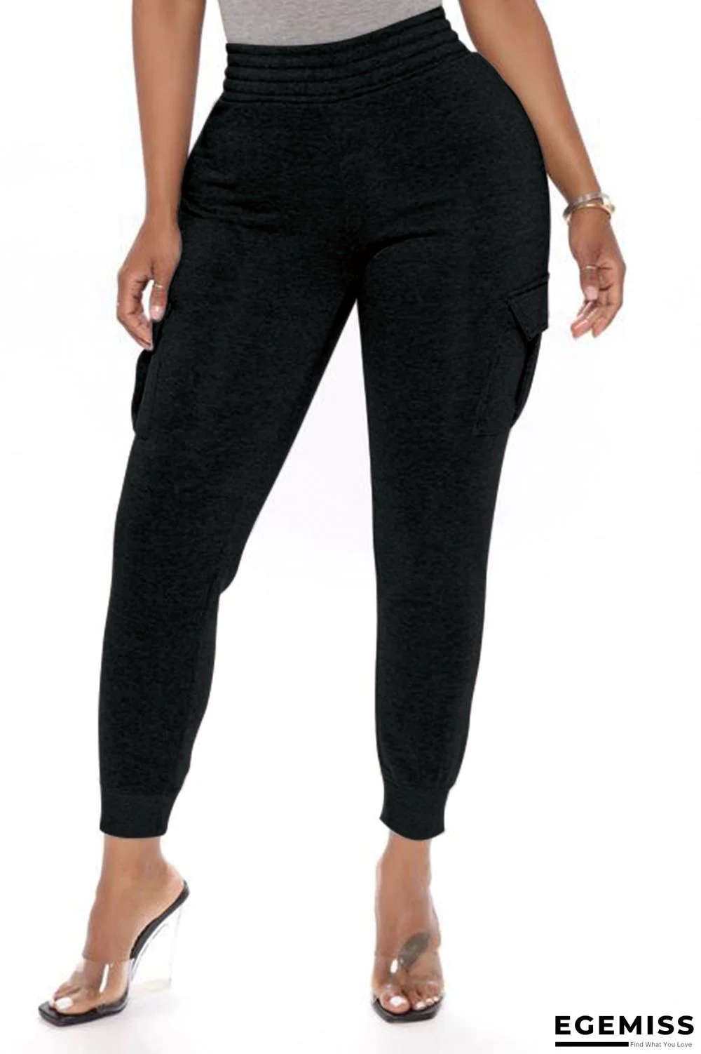 Black Casual Solid Basic Regular High Waist Pencil Trousers | EGEMISS