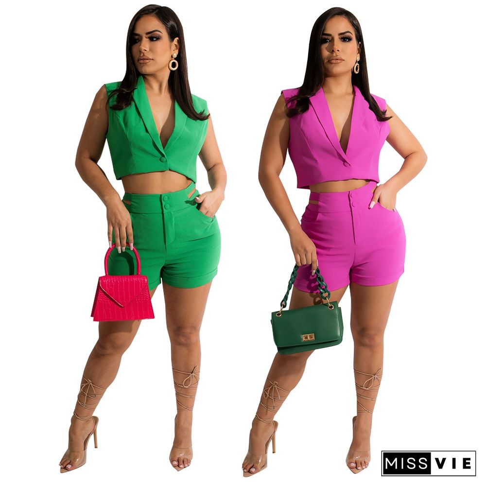 Turn-down Collar Sleeveless Crop Top+Shorts Outfits