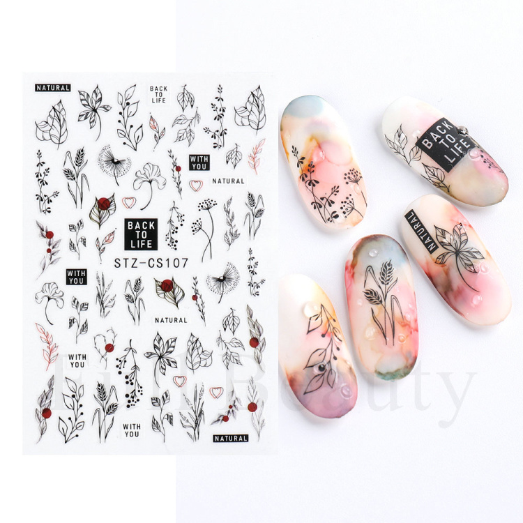 Bayoumowers Pink Marble 3D Nail Stickers Ink Blooming Geometry Lines Adhesive Sliders Watercolor Flower Leaves Nail Art Decals LASTZ-SJ031