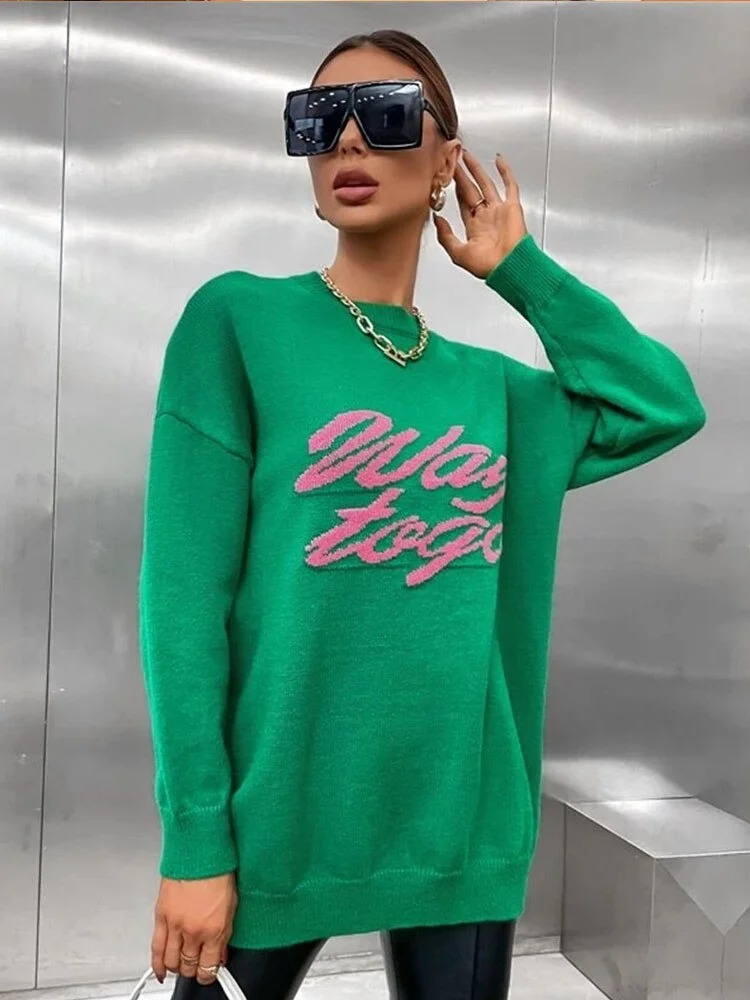 Y2K Green Knitted Sweater Dress Women O Neck Long Sleeve Pullovers  Casual Oversize Tops 2022 Autumn Fashion Streetwear Suéteres