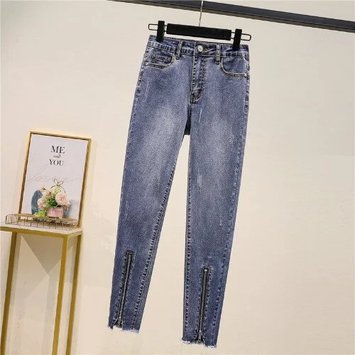 Scratched Fake Zipper Jeans Woman Stretch Skinny Pencil Pants Femme Ankle Length Slim Pants Mujer Denim 2023 Spring New. brightness