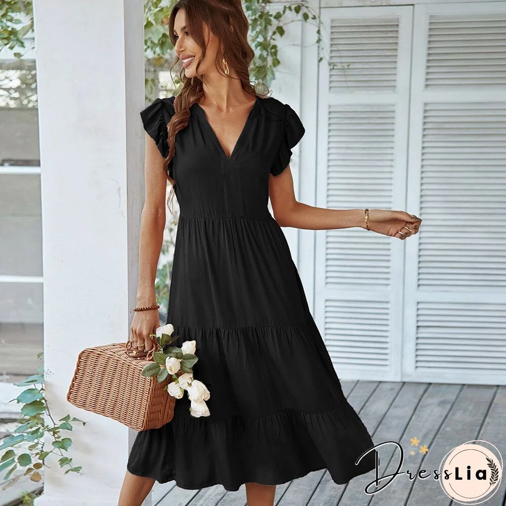 Elegant Fashion Sexy Women Summer Dress New V Neck Short Flying Sleeves Solid Chic Resort Dress Casual A-Line Midi Dresses