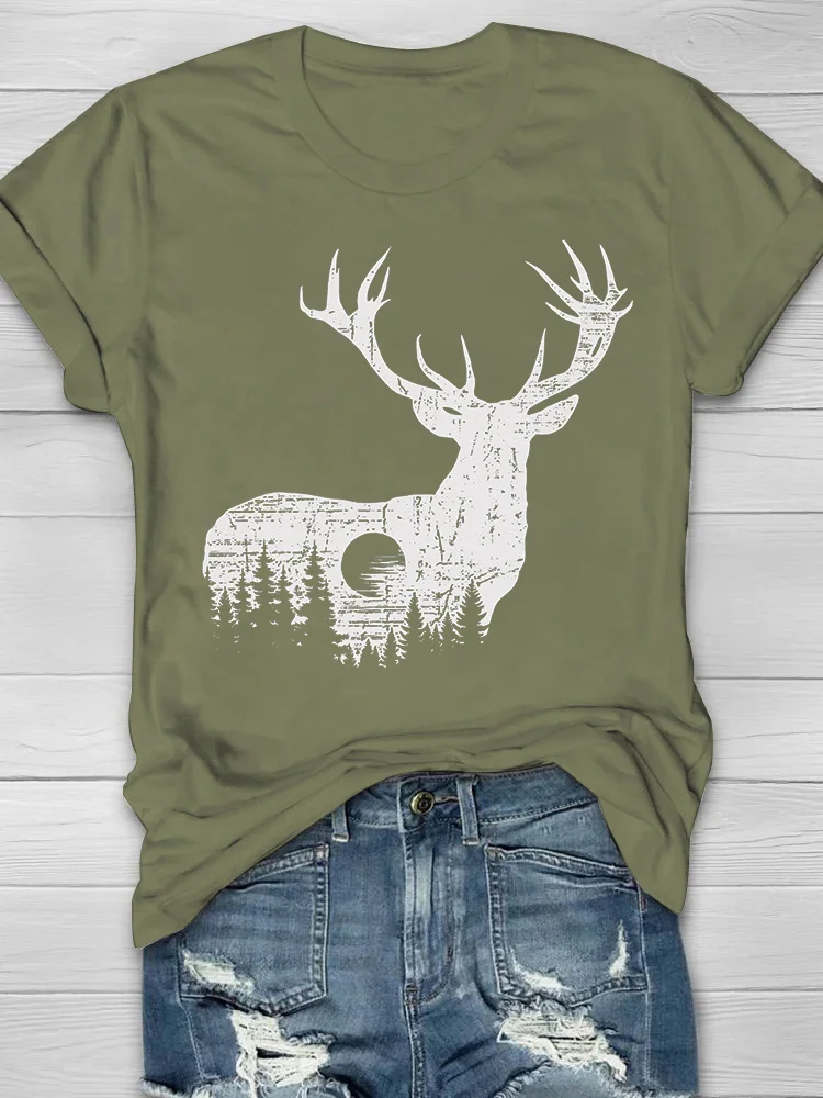 Forest And Deer Printed Crew Neck Women's T-shirt