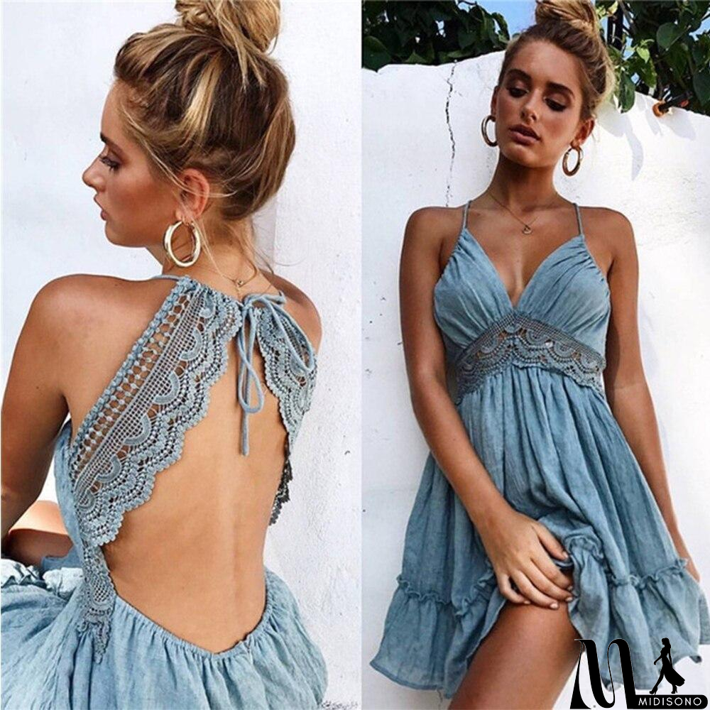 MidiSono - Boho Vrouwen Jurken Spaghetti Strap Backless Elegante Beach Zonnejurk