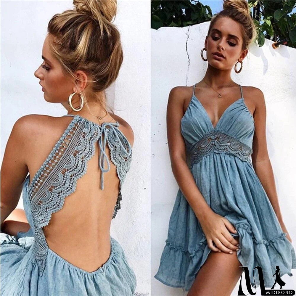 MidiSono - Boho Vrouwen Jurken Spaghetti Strap Backless Elegante Beach Zonnejurk