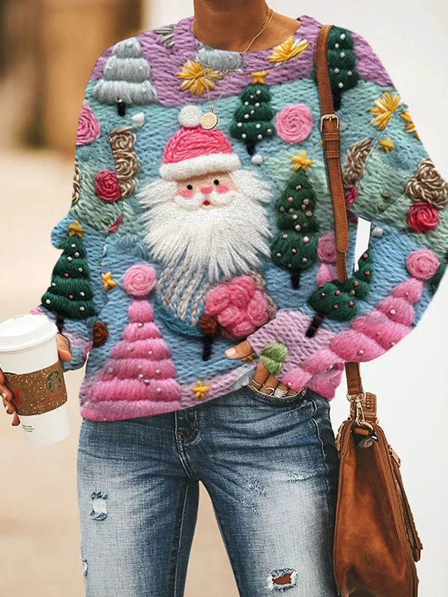 Felpa a maniche lunghe stampata da donna allentata colorata da Babbo Natale