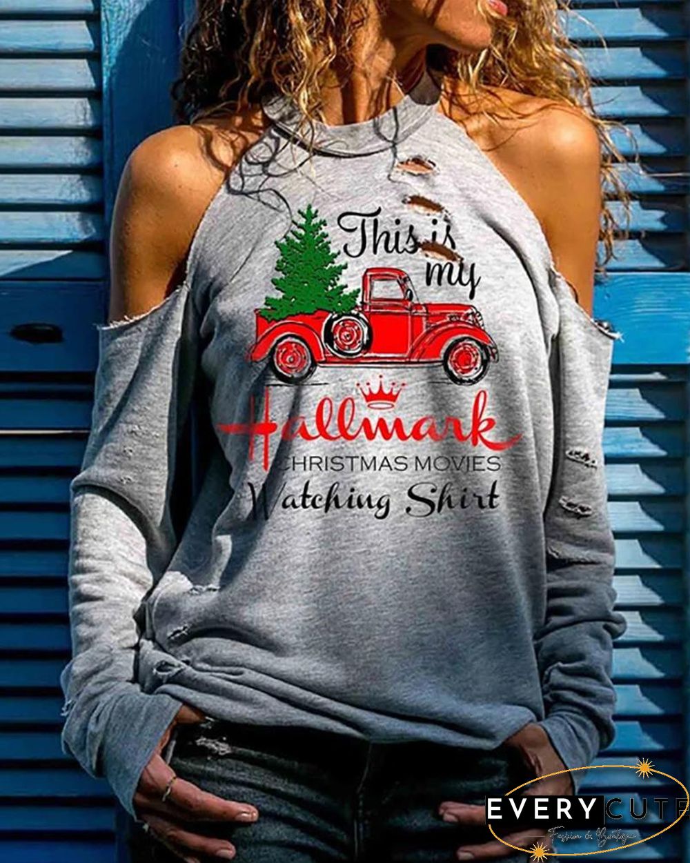 Christmas Letter Car Print Cutout Cold Shoulder Top
