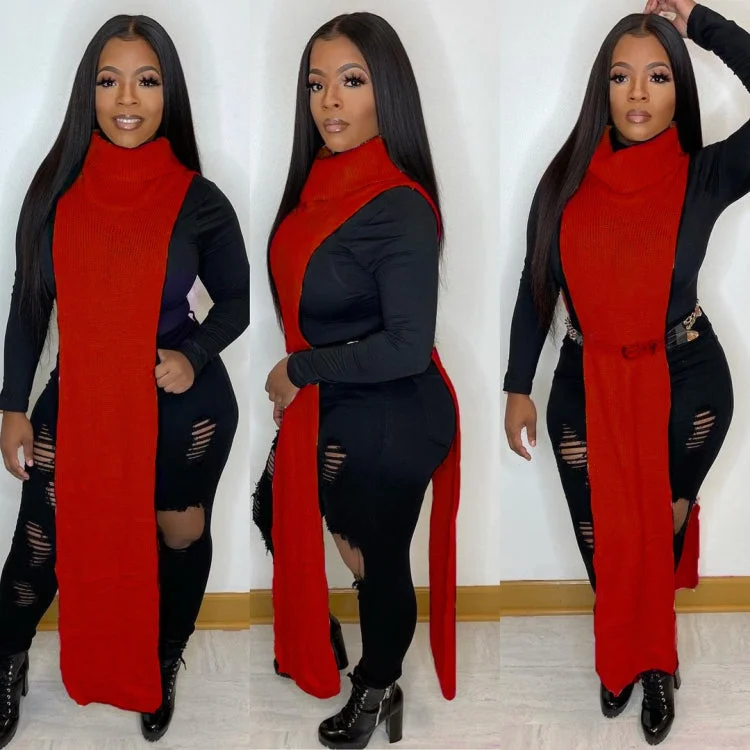 Toloer Toloer Turtleneck Side Slit Long Sweater Top 102-0-Outfit Ideas