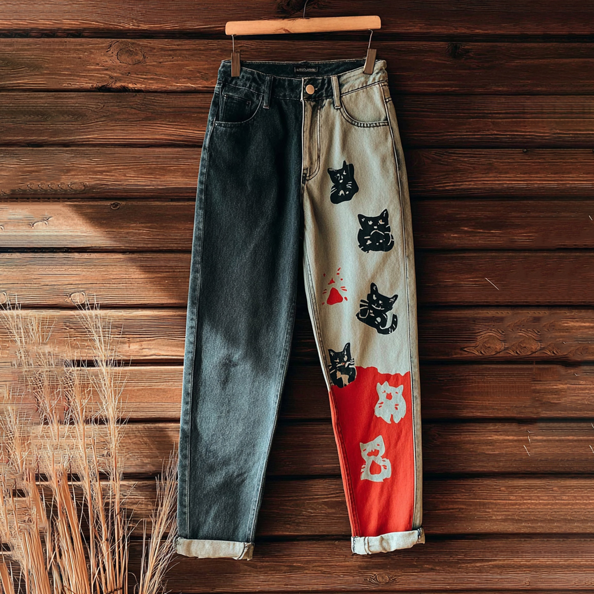 Women's Casual Cute Cat Pattern Contrast Jeans elevenforest