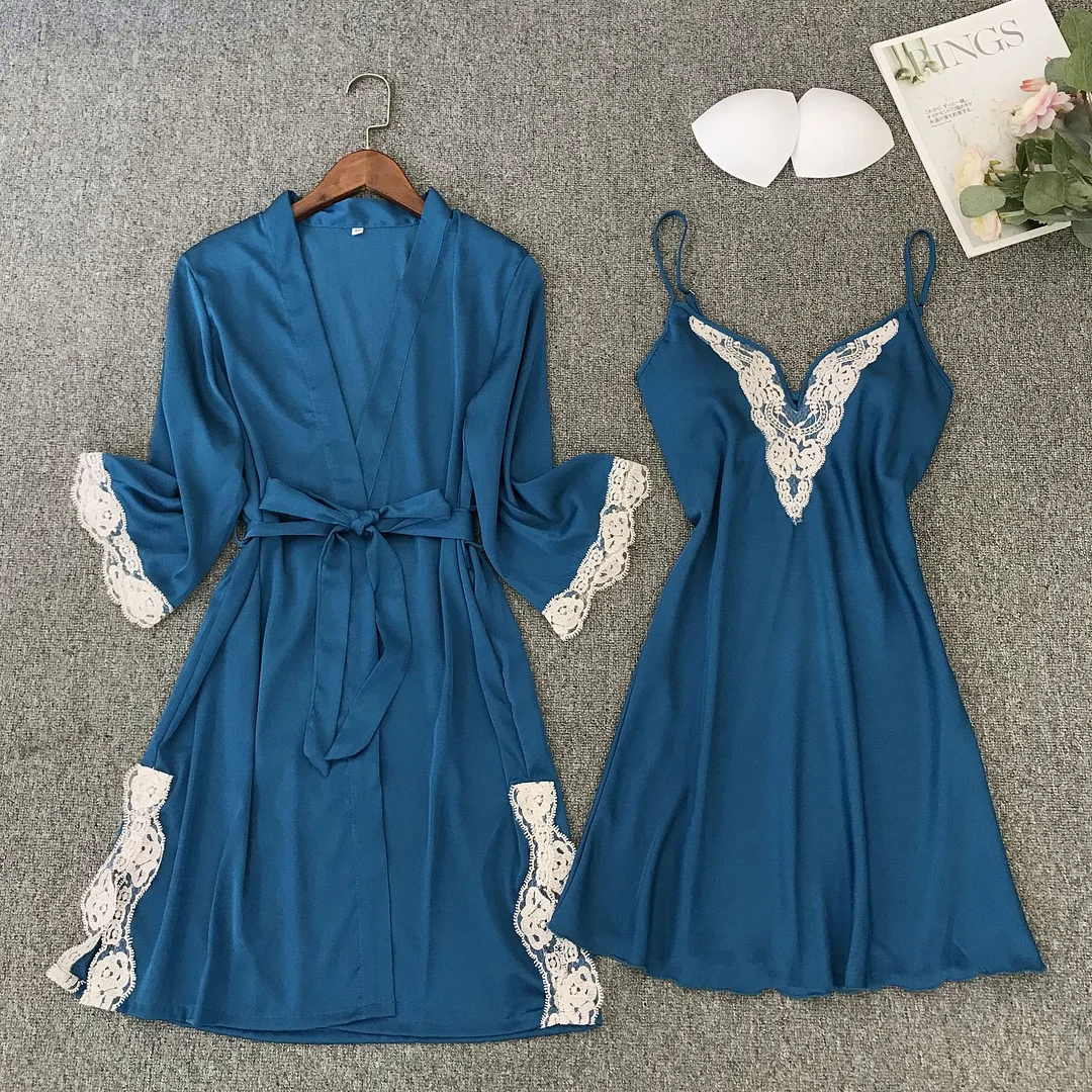 Bride Bridesmaid Wedding Robe Set Satin V-Neck Nightgown&amp;Bathrobe Suit Women Lace Trim Kimono Bath Gown Lounge Negligee