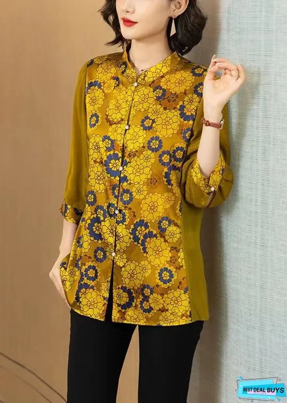 Women Yellow Print Button Patchwork Silk Shirt Bracelet Sleeve