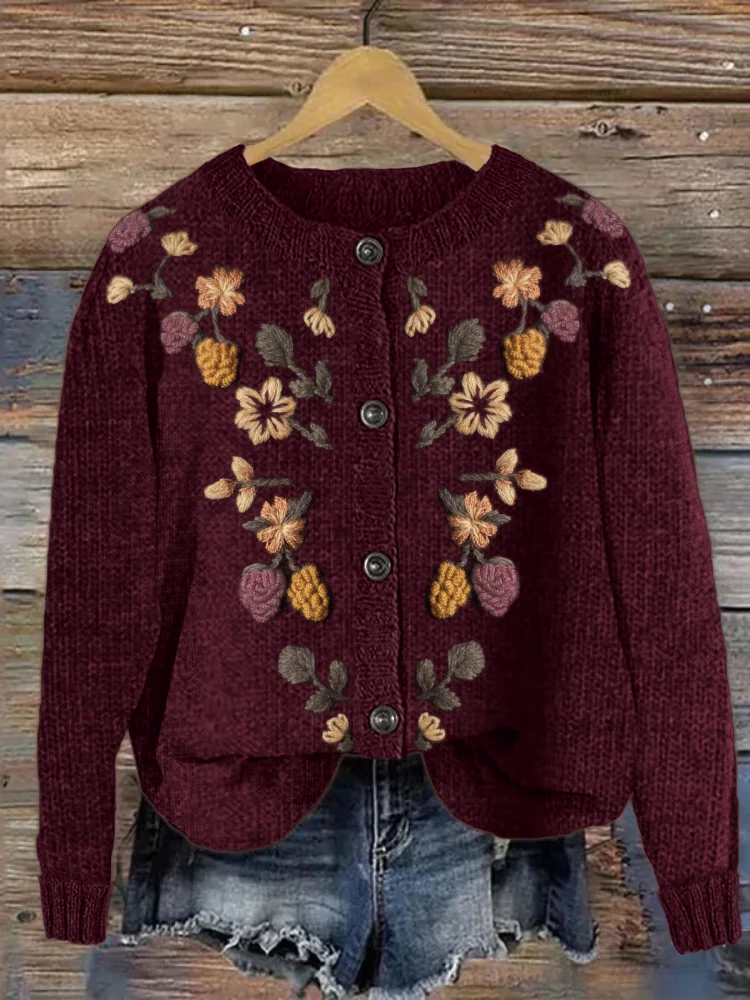 Vintage Forest Floral Embroidery Cozy Knit Cardigan