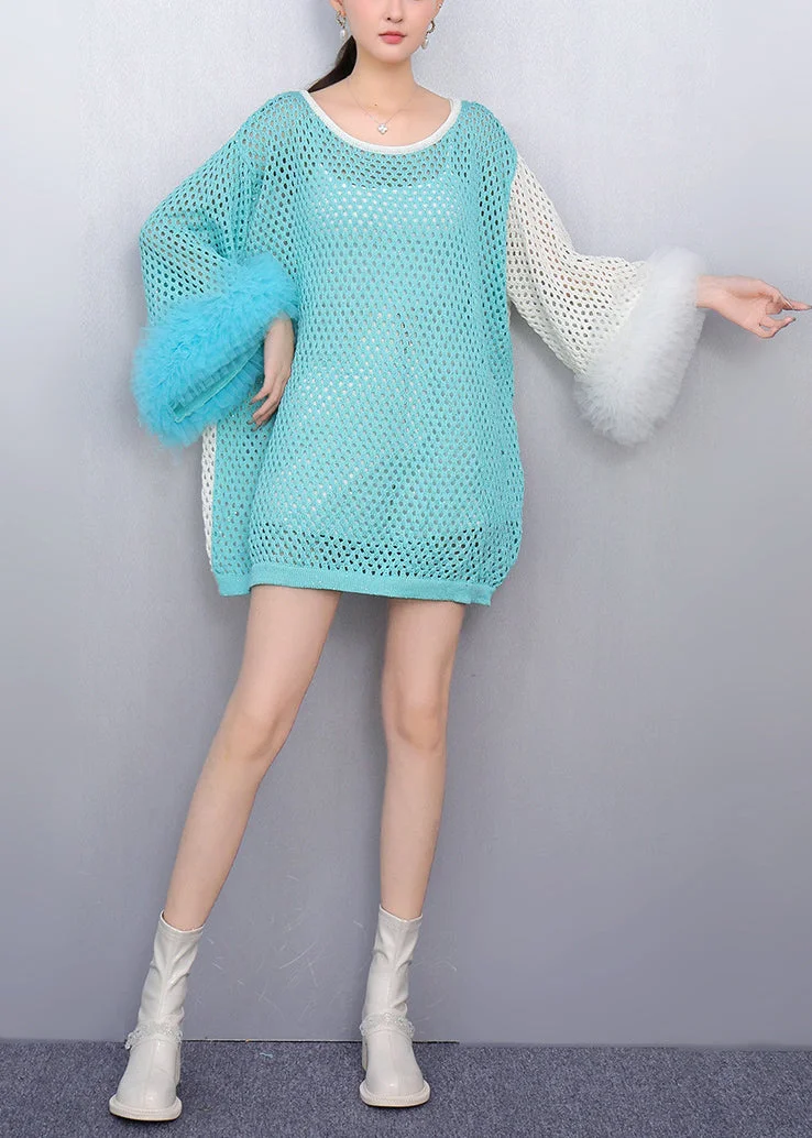 Blue Cozy Patchwork Knit Tops Asymmetrical