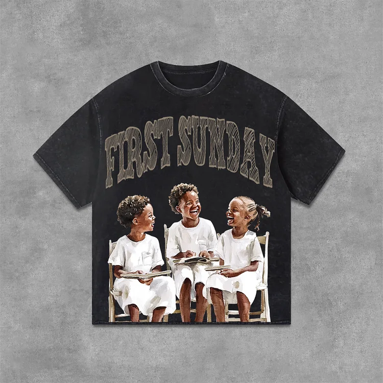 Retro First Sunday Faith Graphic Print Acid Washed T-Shirt