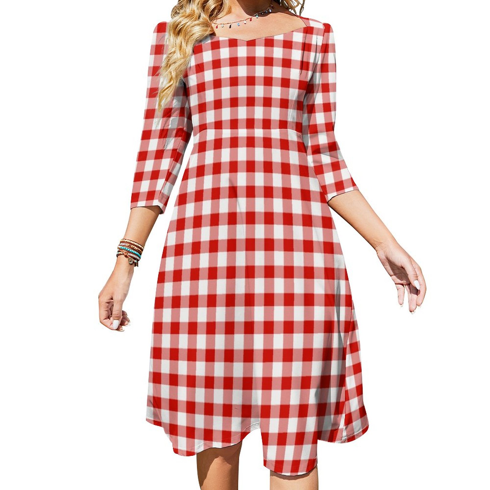 Red And White Buffalo Plaid Dress Sweetheart Tie Back Flared 3/4 Sleeve Midi Dresses