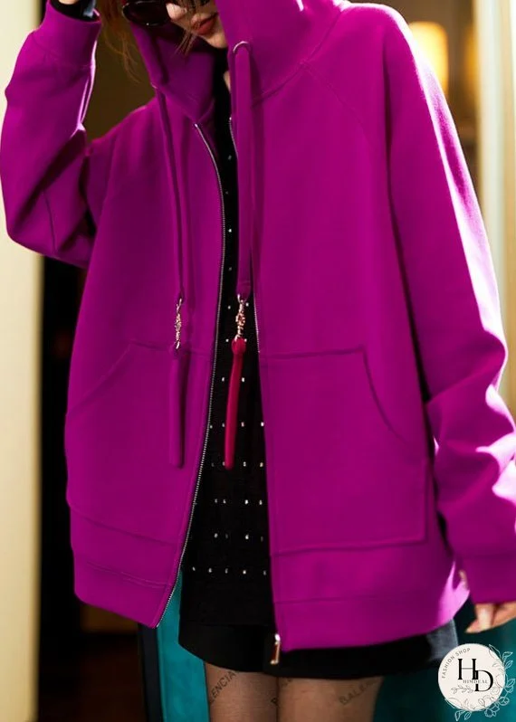 Plus Size Purple Hooded Zippered Pockets Cotton Coats Spring