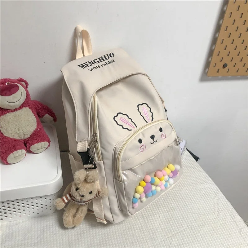 2021 Cute Pink Women Backpack Cartoon Bunny Anime School Bag Kawaii Bear Teenage College Girls Clear Book Bag Big Korea Bagpack