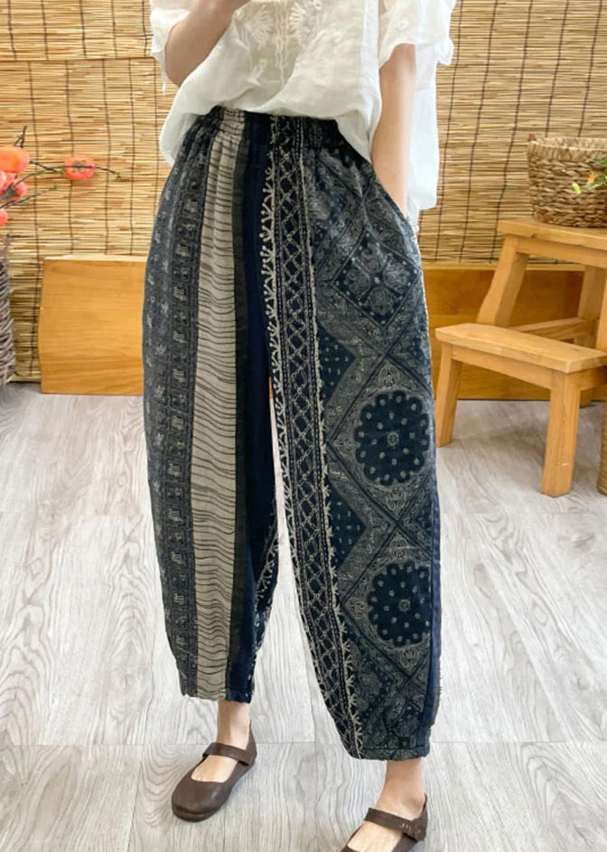 Vintage Black Oversized Print Linen Harem Pants Spring