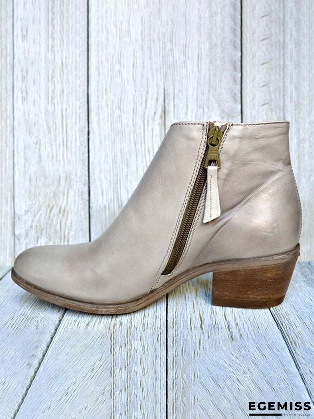 Retro Distressed Polished Color Zipper Thick Heel Pointed Ankle Boots | EGEMISS