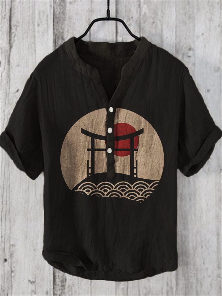 menweary Japanese Shrine Sunrise Linen Blend Shirt
