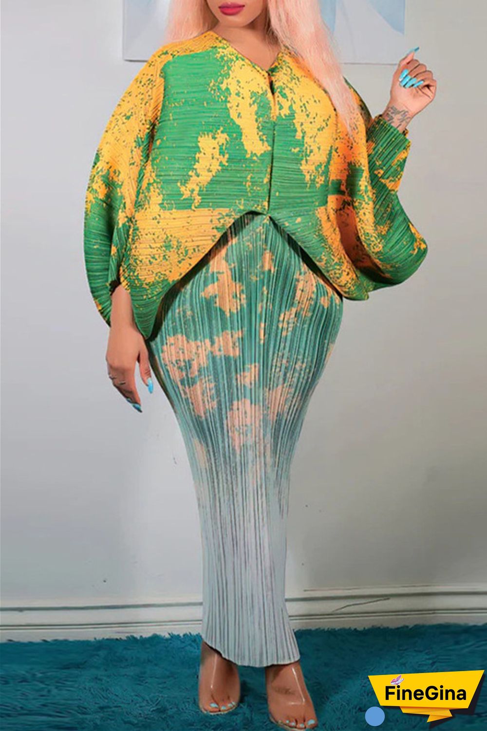 Pink Purple Casual Print Patchwork V Neck Pencil Skirt Plus Size Dresses