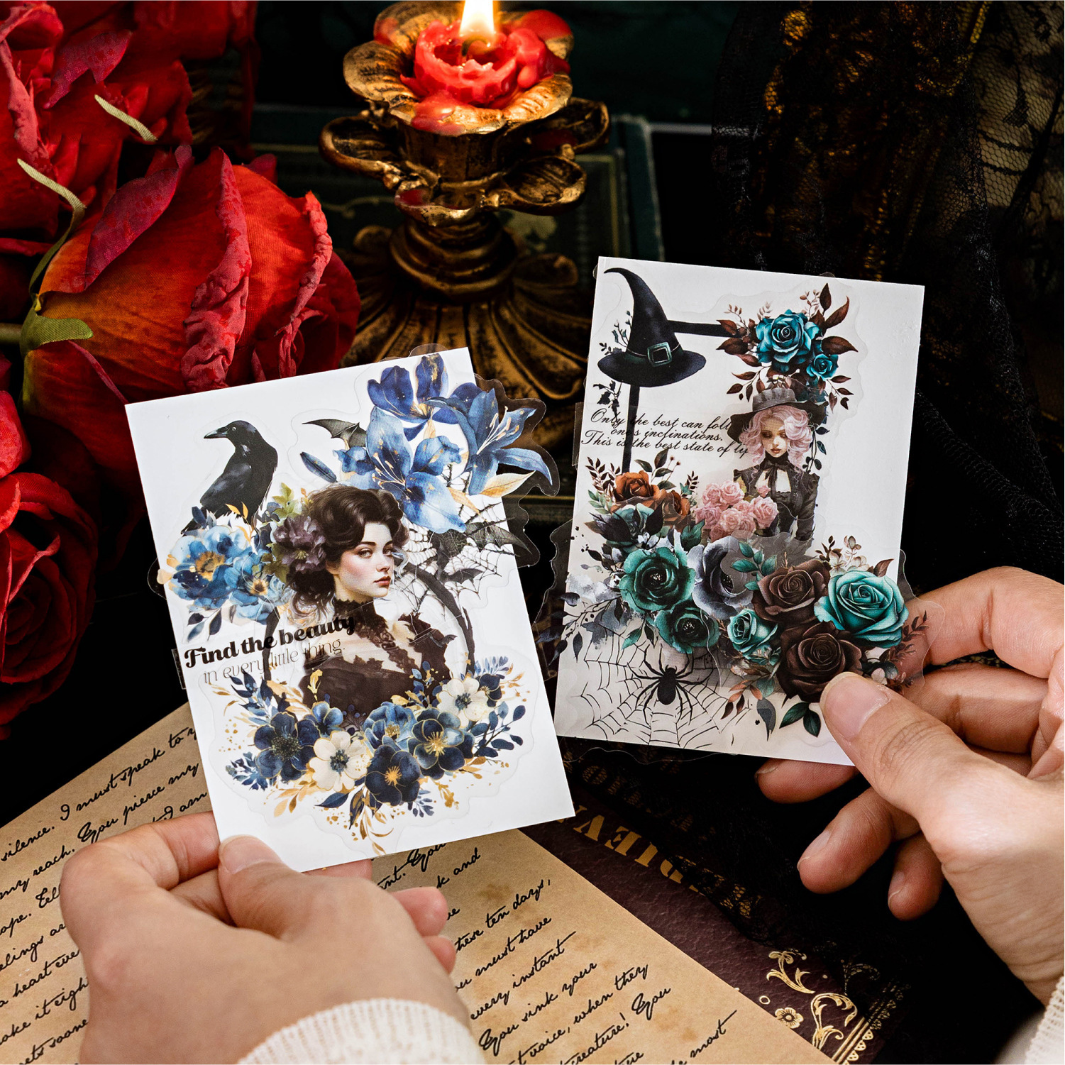 PET 스티커 - 다크 로즈 스토리 시리즈 빈티지 꽃 테두리 풍경