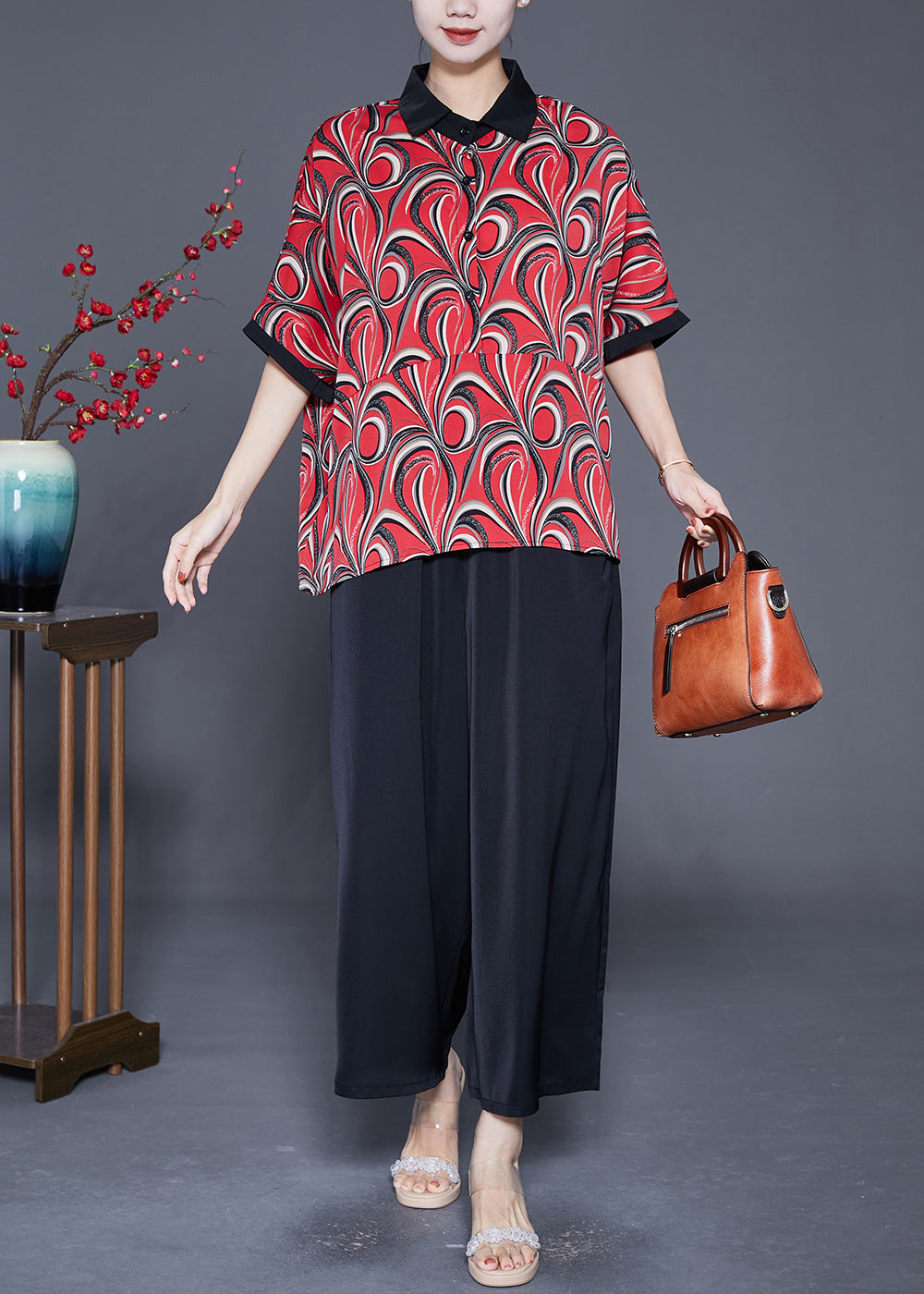 VCSHOES Red Oversized Print Chiffon Two Pieces Set Summer