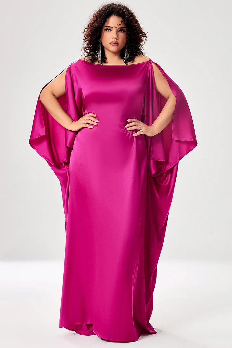 Xpluswear Design Plus Size Semi Formal Dress Magenta Solid One Shoulder Split Sleeve Maxi Dress 